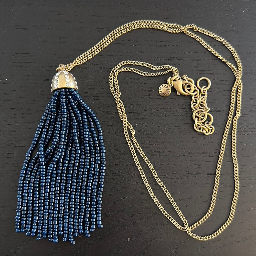 J. Crew Navy Blue Beaded Tassel Necklace with Gold and Crystals